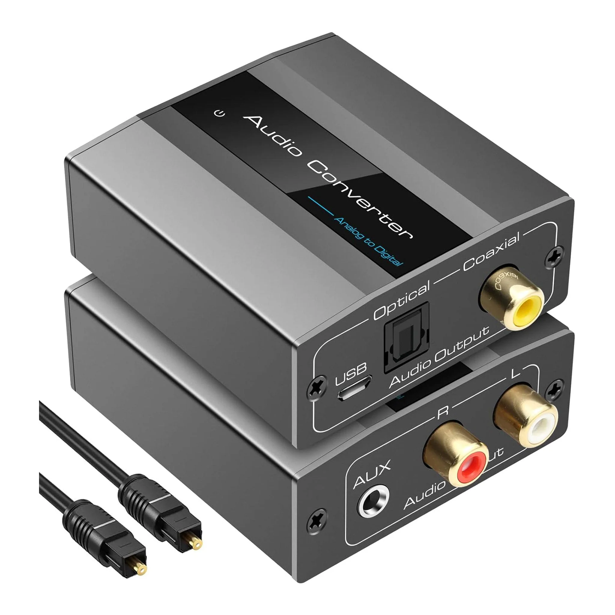 1043-altex-preferred-mfg-analog-to-digital-audio-converter-rca-right-left-to-optical-with-optical-cable-3.5mm-aux-jack-to-digital-toslink-and-coaxial-audio-1.webp Altex Preferred MFG Analog to Digital Audio Converter - RCA Right/Left to Optical with Optical Cable 3.5mm AUX Jack to Digital Toslink and Coaxial Audio Adapter