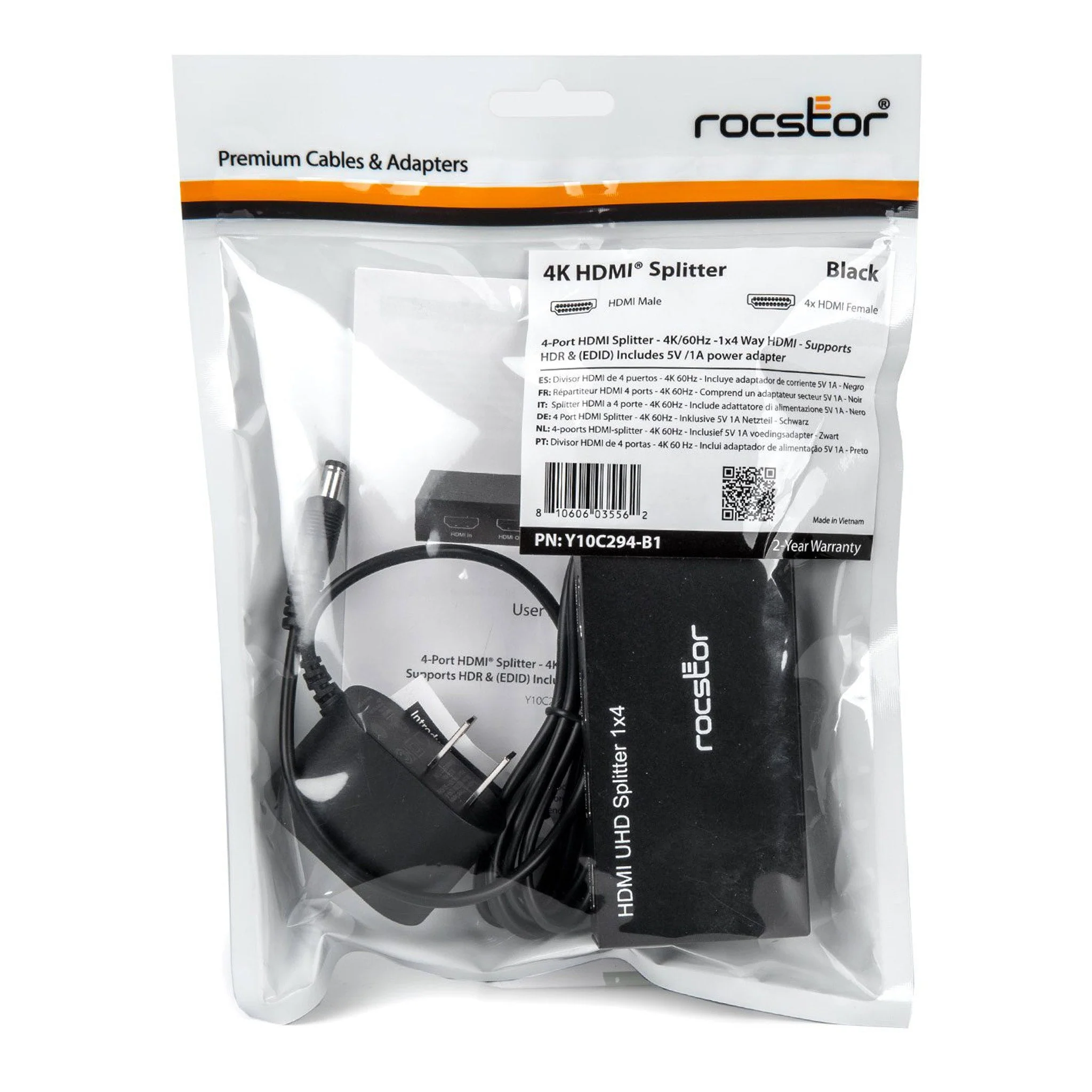 Rocstor Y10C294-B1 4-Port 4K 60Hz Premium HDMI Splitter - Black