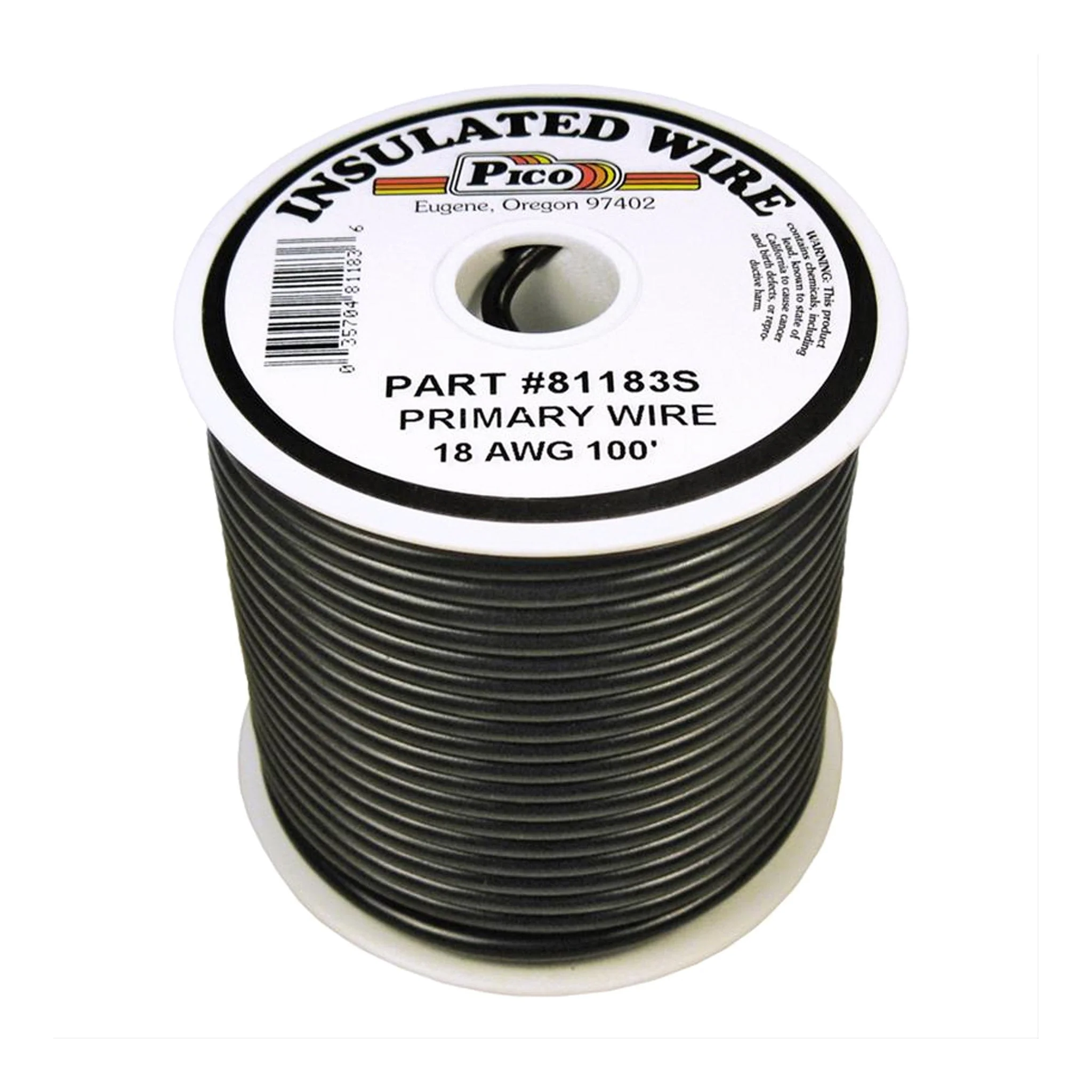 PICO Wiring 81183S 18 AWG Single Conductor PVC Jacket Copper Stranded Primary Electrical Wire Spool - 100ft - Black