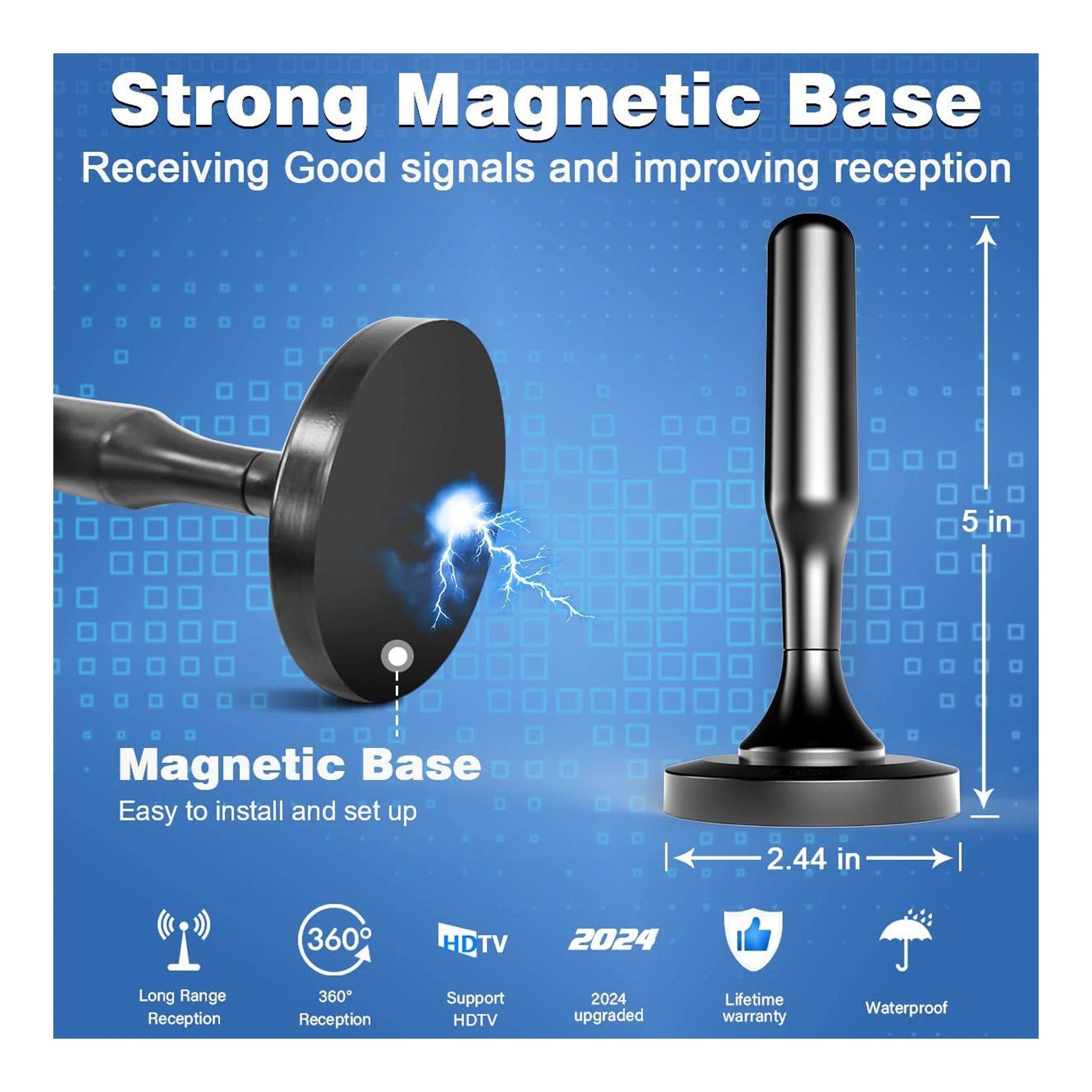 Altex Preferred MFG 4K 1080p Indoor Long Range Reception HDTV 360° Antenna with Strong Magnetic Base - 10ft Cable