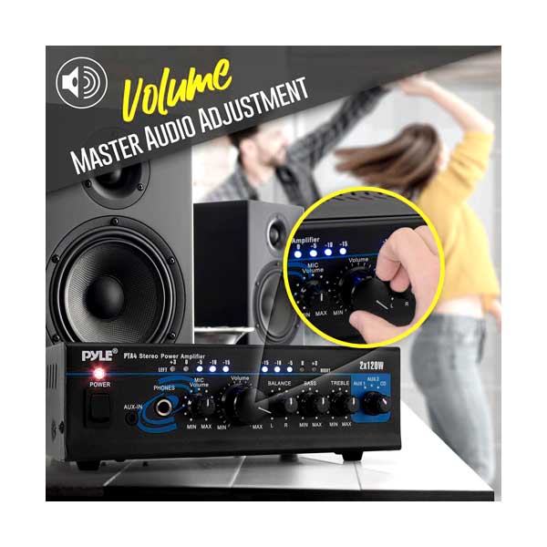Pyle PTA4 2x120W Compact Bluetooth Wireless 2-Channel Mini Stereo Power Amplifier