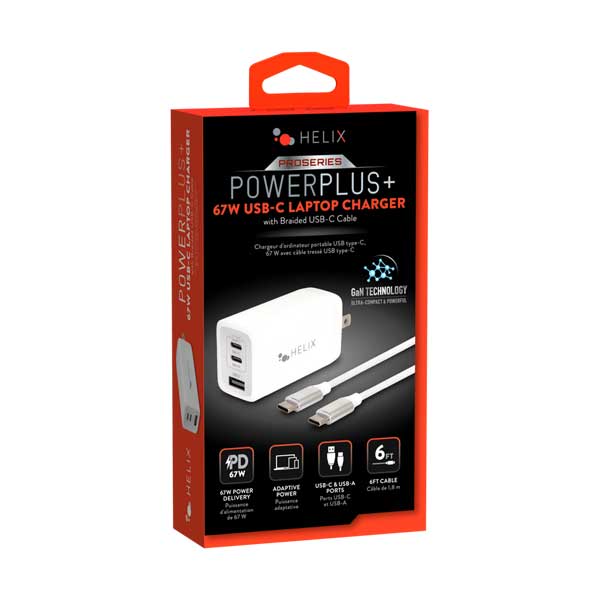 Helix 67W PD USB-C GaN Wall Charger with 6' USB-C Braided Cable - White (ETHNBC67)