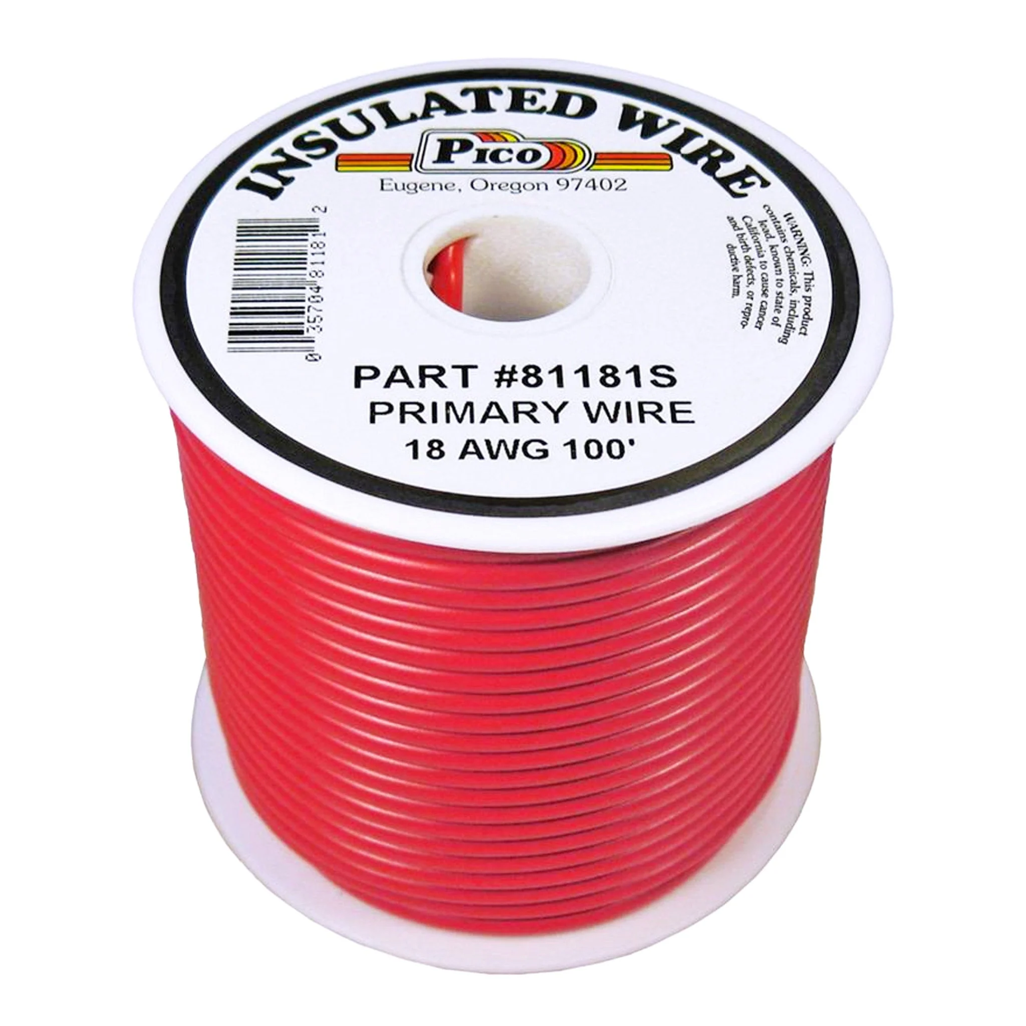 PICO Wiring 81181S 18 AWG Single Conductor PVC Jacket Copper Stranded Primary Electrical Wire Spool - 100ft - Red