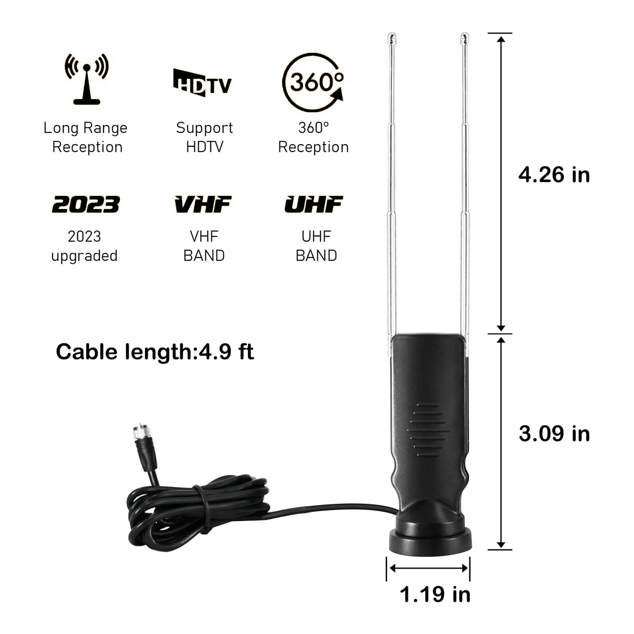 Altex Preferred MFG 4K 1080p Indoor Long Range Rabbit Ears HDTV 360° Antenna with Suction Cup Base - 4.9ft Cable