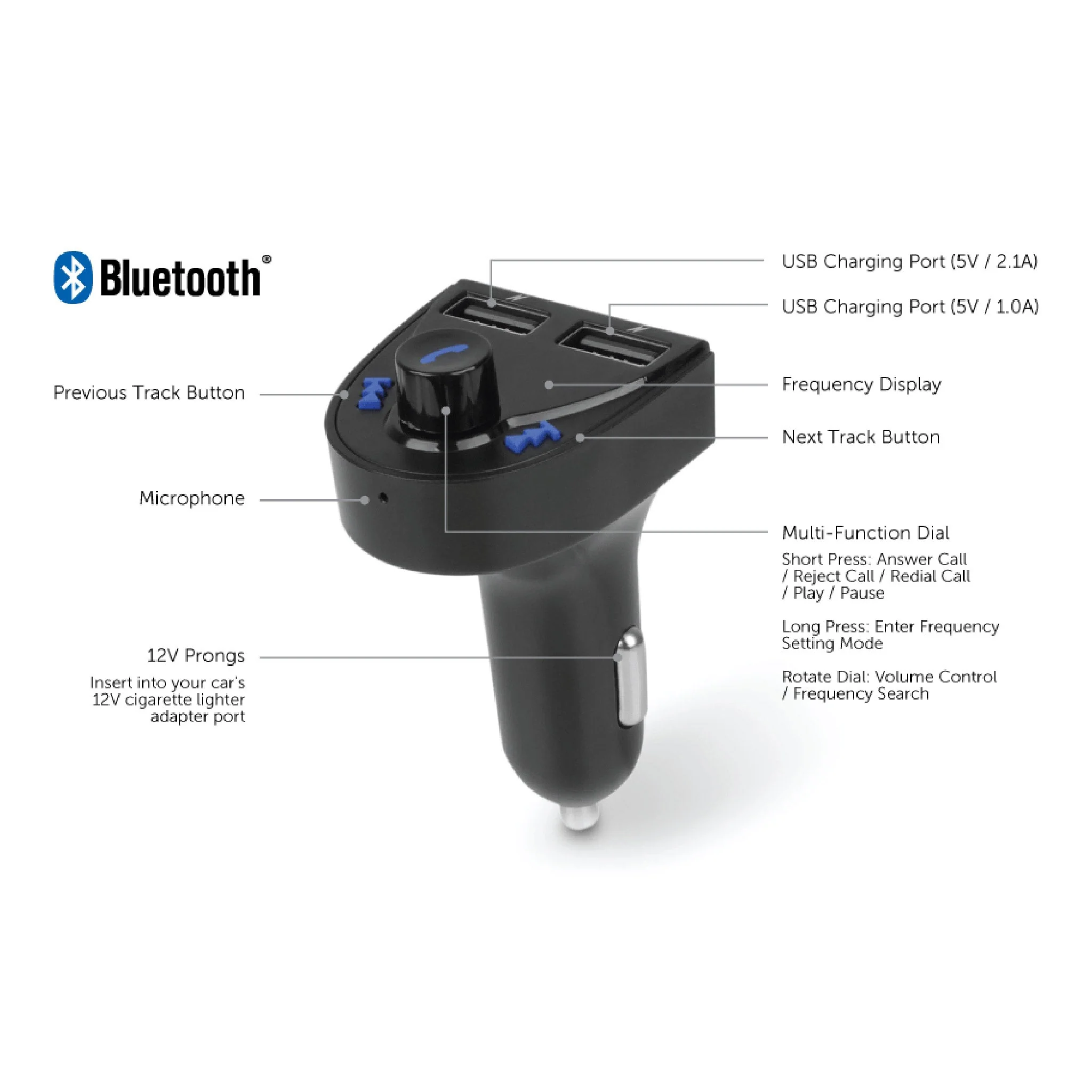 Aluratek ABF01F 12V Bluetooth Audio Receiver and FM Transmitter