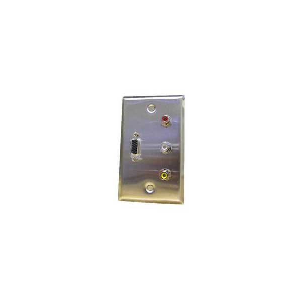 Stainless Steel Wall Plate -  3 RCA (R,W,Y) + 1 VGA Feed Thru