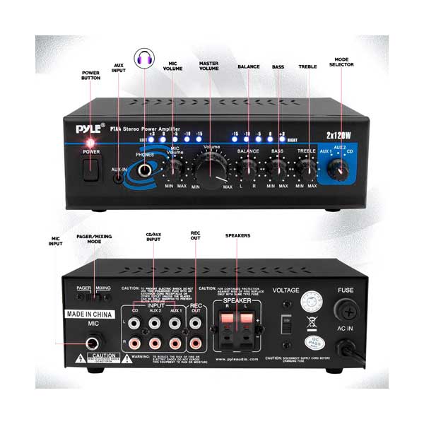 Pyle PTA4 2x120W Compact Bluetooth Wireless 2-Channel Mini Stereo Power Amplifier