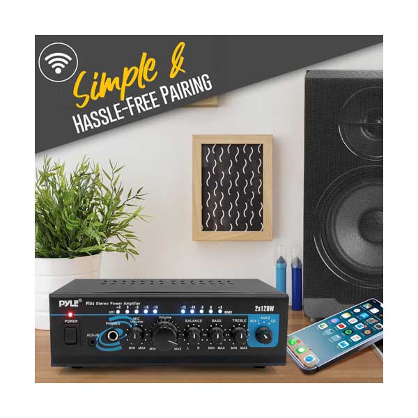 Pyle PTA4 2x120W Compact Bluetooth Wireless 2-Channel Mini Stereo Power Amplifier