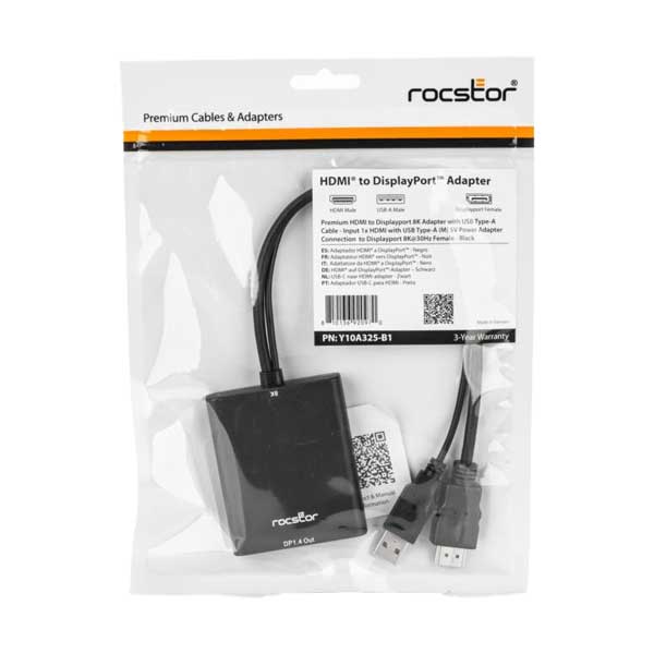 Rocstor HDMI to DisplayPort 8K Adapter with USB Type-A Cable 5V Power Adapter | Y10A325-B1