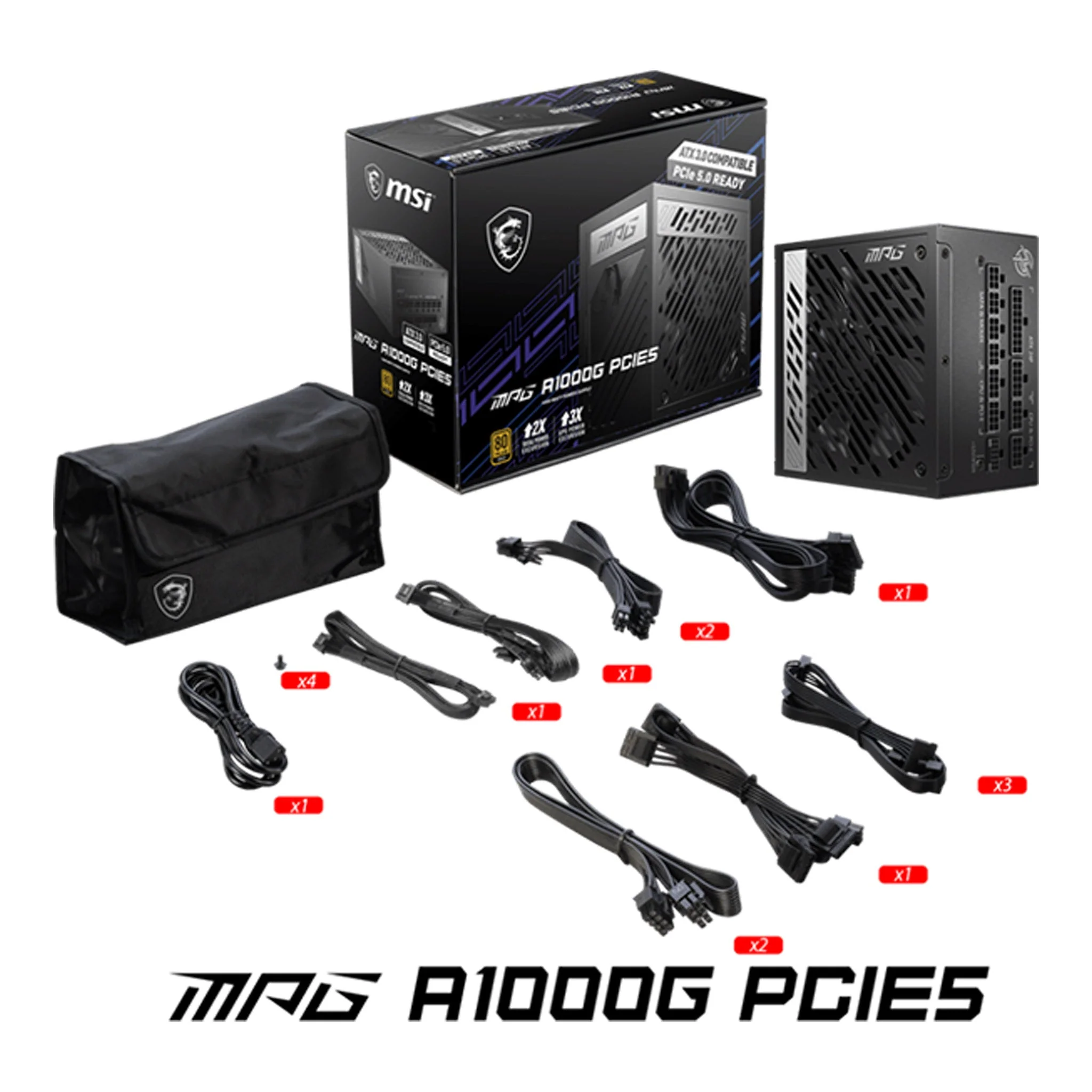 MSI MPG A1000G PCIE5 1000W 80 Plus Gold Fully Modular ATX 3.0 Power Supply - Black
