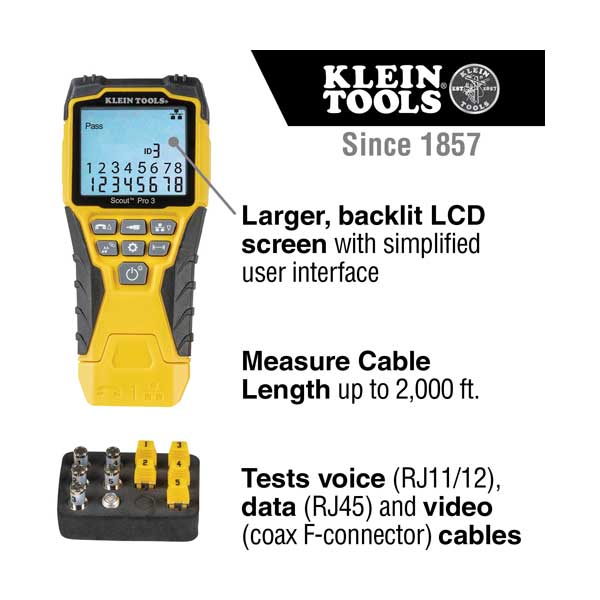 Klein Tools VDV501-851 Cable Tester Kit with Scout Pro 3 Tester, Remotes, Adapter, Battery