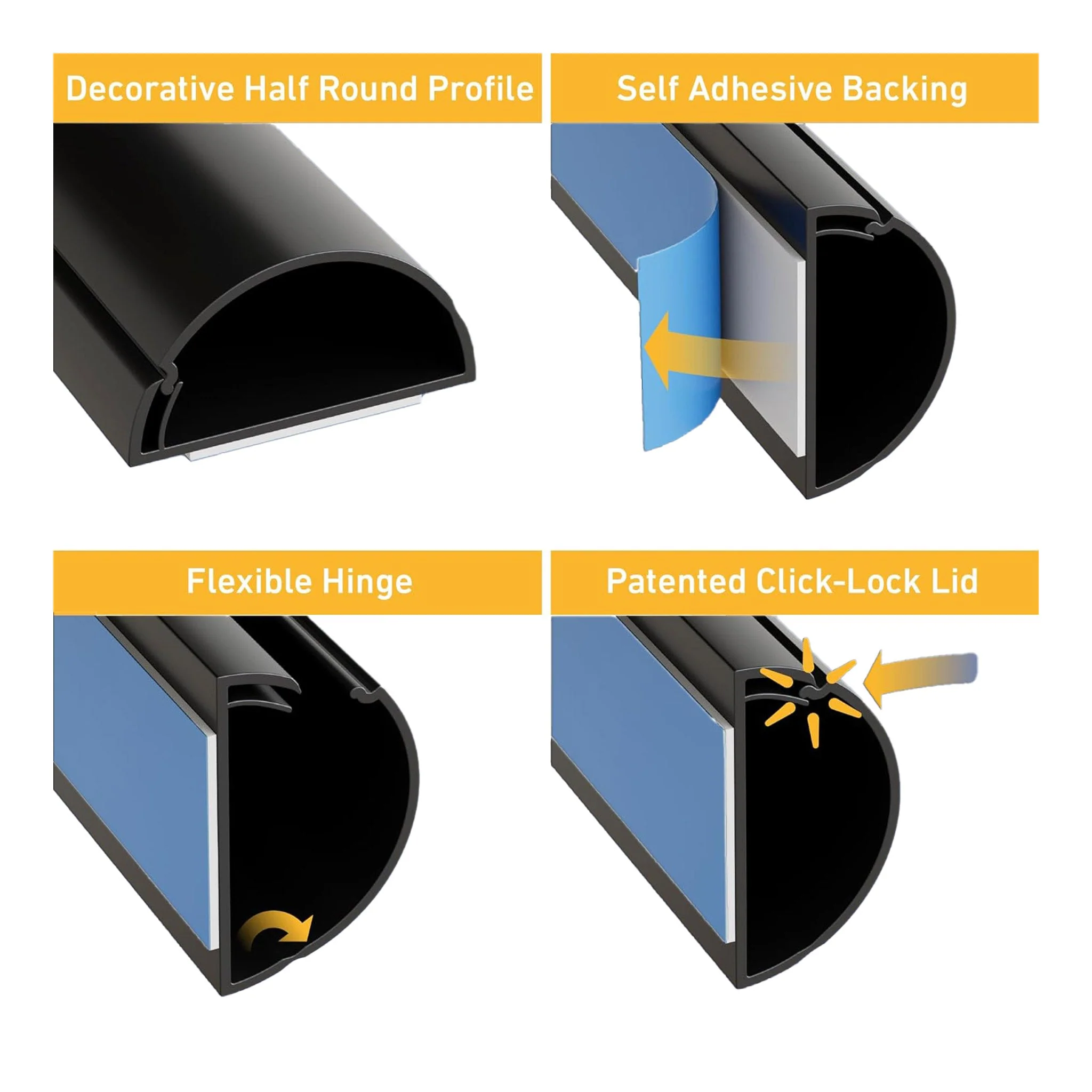 D-Line US/D23015B 6ft Self-Adhesive Half Round Mini Cable Raceway - Black
