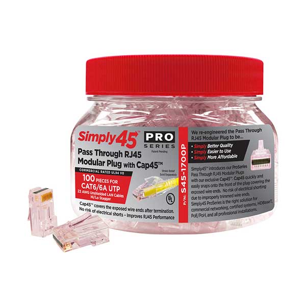 2651-simply45-s45-1700p-proseries-cat6-6a-unshielded-pass-through-rj45-with-cap45-100-piece-plastic-jar-1.jpg Simply45 S45-1700P ProSeries Cat6/6a Unshielded Pass Through RJ45 with Cap45 100-Piece Plastic Jar