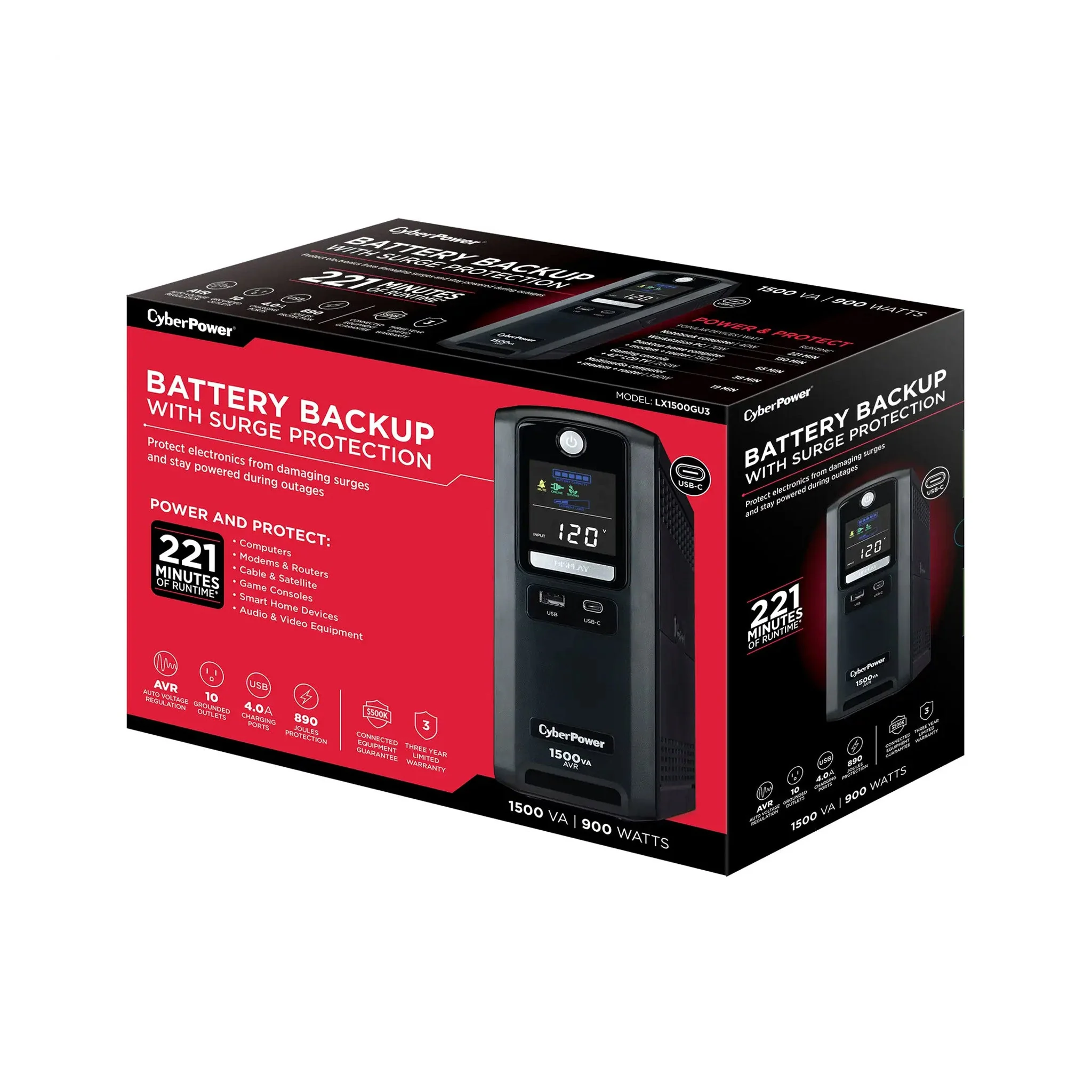 CyberPower LX1500GU3 10-Outlet 1500VA 900W AVR Line Interactive Battery Backup