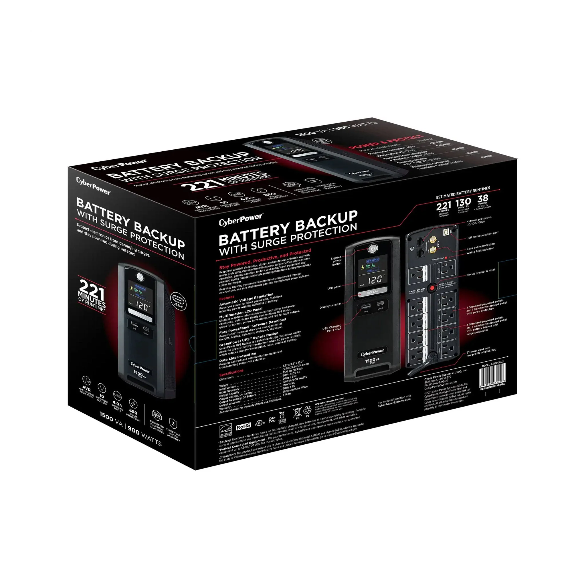 CyberPower LX1500GU3 10-Outlet 1500VA 900W AVR Line Interactive Battery Backup