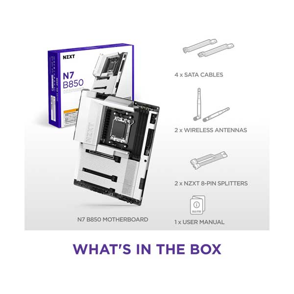 NZXT N7 B850 AMD B850 ATX Gaming Wi-Fi Motherboard with Full Cove - White (N7-B85XT-W1)