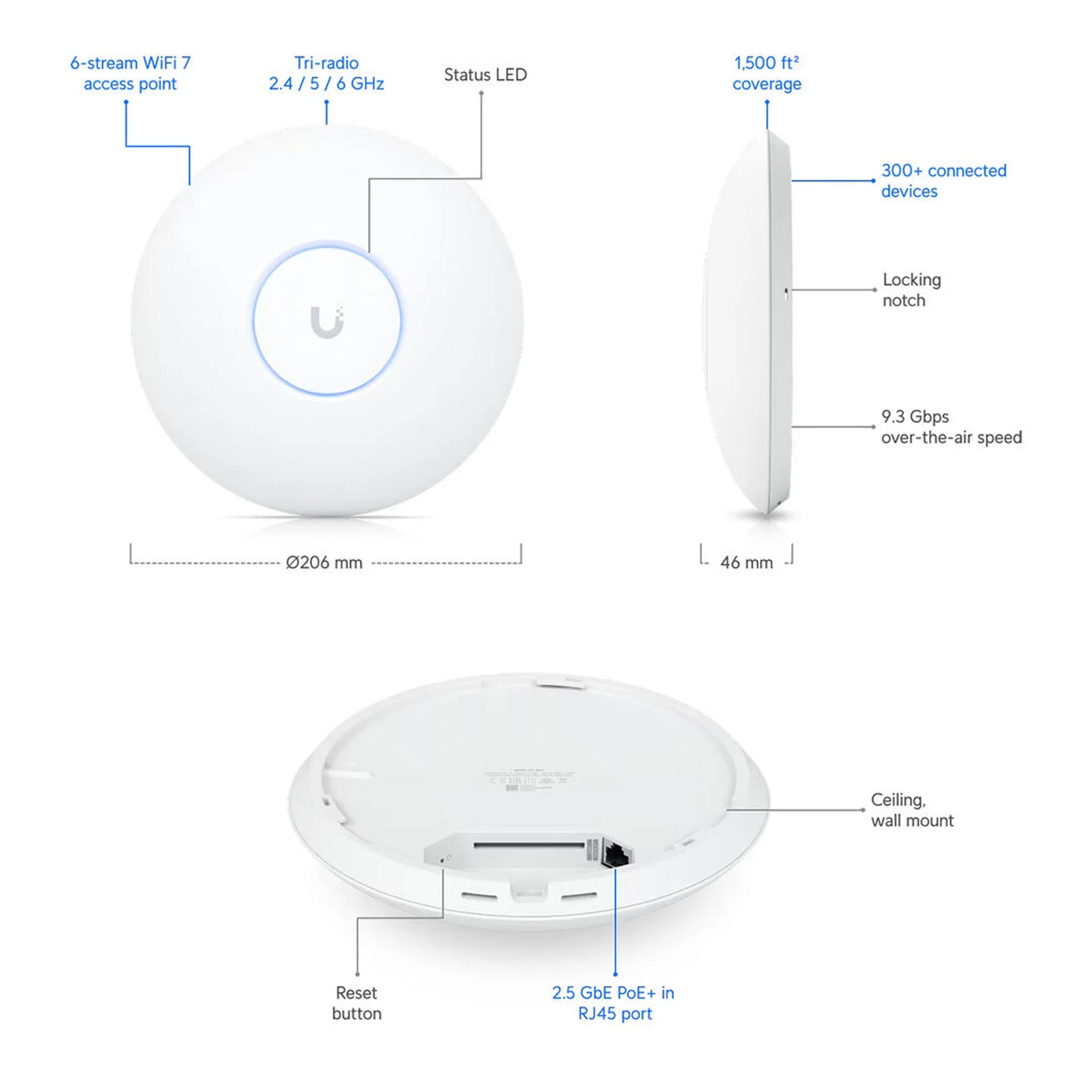 Ubiquiti U7-Pro-US Wi-Fi 7 802.11be Tri-Band U7 Pro Wireless Access Point - Wall/Ceiling Mountable