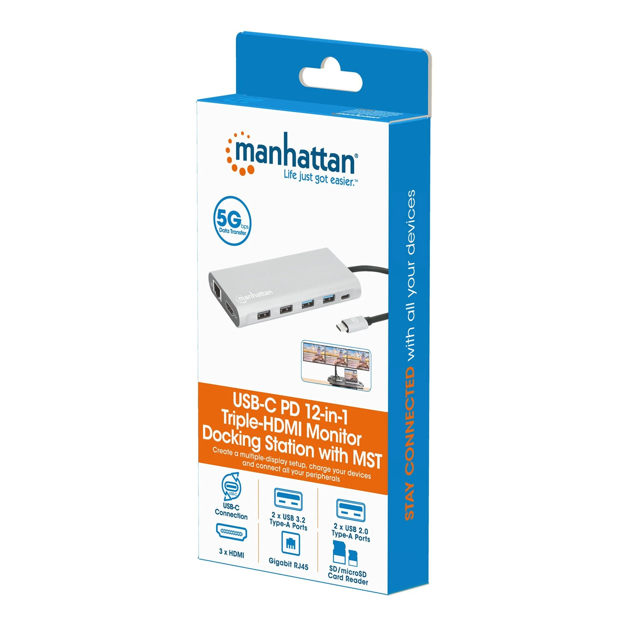 Manhattan 130660 USB-C PD 12-in-1 Triple-HDMI Monitor Docking Station with MST