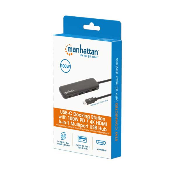 Manhattan USB-C Docking Station with 100 W PD / 4K HDMI 5-in-1 Multiport USB Hub (130721)